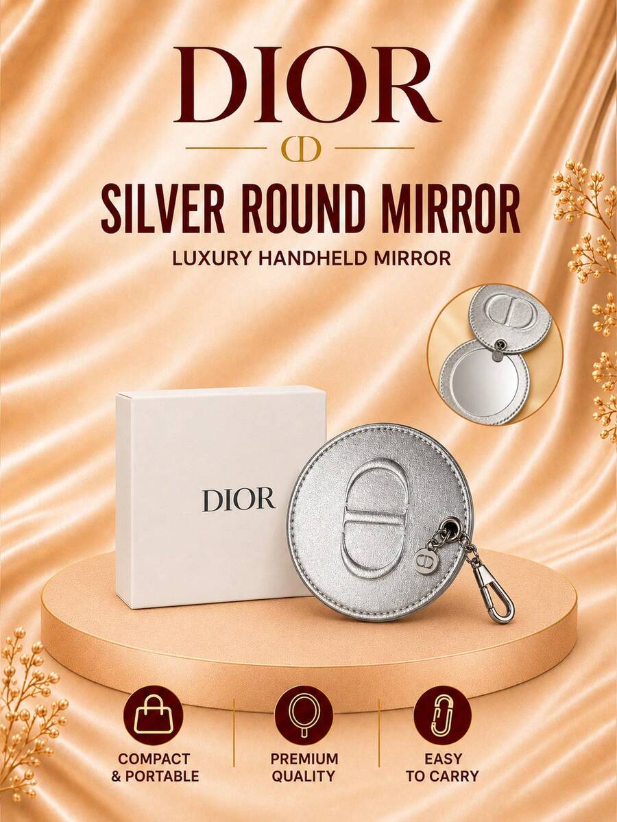 Dior 迪奧銀色圓形化妝鏡7.5cm，清晰鏡面搭配掛扣，可掛包便攜補妝，禮盒包裝適合送禮