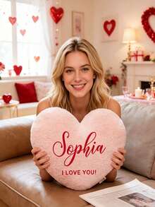 Personalized Heart-Shaped Plush Pillow With Name, Fluffy Heart Cushion With Custom Text, Romantic Decorative Pillow For Sofa, Personalized Valentine's Day Gift For Couples - Multicolor - View 2