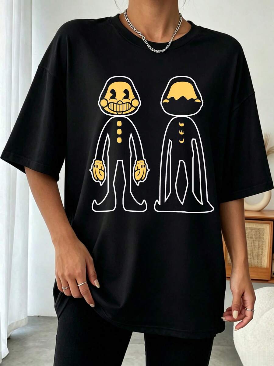 Bendy And The Ink Machine Front Back Two Character Vintage Horror Cartoon Casual T-Shirt 1 - 黑色 - 查看 1