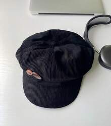 Women's Vintage Soft Corduroy Newsboy Cap Baggy Baker Boy Hat With Wooden Buckle Accent Casual Newsboy Cap Easy To Match Perfect Gift For Women! - 雙紐扣八角帽-黑色 - 查看 2