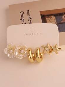 6/18PCS Fashionable Elegant Floral Geometric Ocean Series Multi-Element Gold Metallic Pearl Color Flower Earrings Set, Women's Fashion Earrings Set - Multicolor - View 2