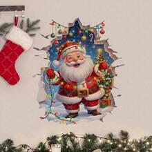 1pc Cartoon Santa Claus Smiling Holding Colorful String Lights Inside Faux Cracked Wall Opening 3D Broken Wall Effect Wall Sticker Self-Adhesive Easy Peel & Stick Removable Matte Finish For Living Room Christmas Decor Cute Festive - A - View 3