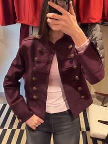 Burgundy Napoleon Style Short Jacket, Stand Collar Gold Button Military Officer Style Waist-Cinching Blazer - Burgundy - View 5