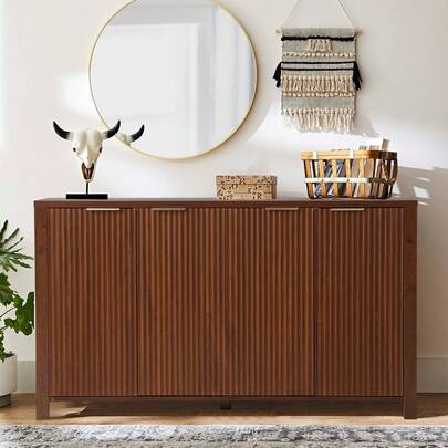 Fluted Sideboard Buffet Cabinet With Storage, Modern Wood Kitchen Credenza Coffee Bar, TV Console Table With Adjustable Shelves For Living Dining Room Entryway, Brown