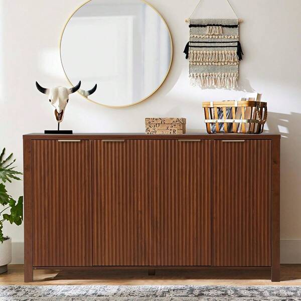 Fluted Sideboard Buffet Cabinet With Storage, Modern Wood Kitchen Credenza Coffee Bar, TV Console Table With Adjustable Shelves For Living Dining Room Entryway, Brown
