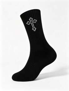 Calcetines largos hasta la pantorrilla estilo americano vintage con cruz, unisex, negro & blanco, versátiles para calle y deportes - Multicolor - Ver 10