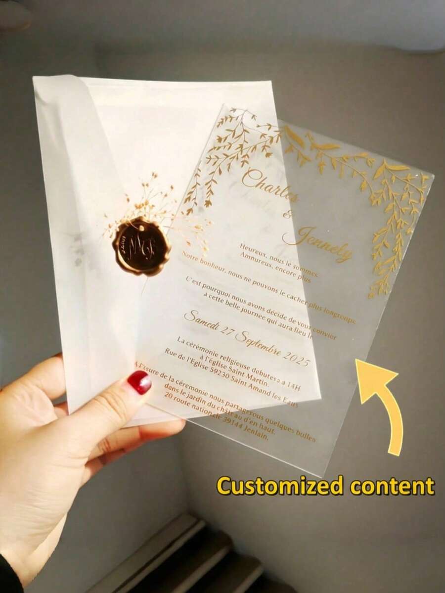 20/30pcs Personalized Laser Engraved Wedding Invitations - Name & Date, Gold Font & Wedding Party Details (Guest List/Reception Plan) - Elegant Acrylic Ceremony Cards, Suitable For Bride & Groom - No Envelopes Included, Christmas, New Year - Gold-edged Greeting Card - View 1