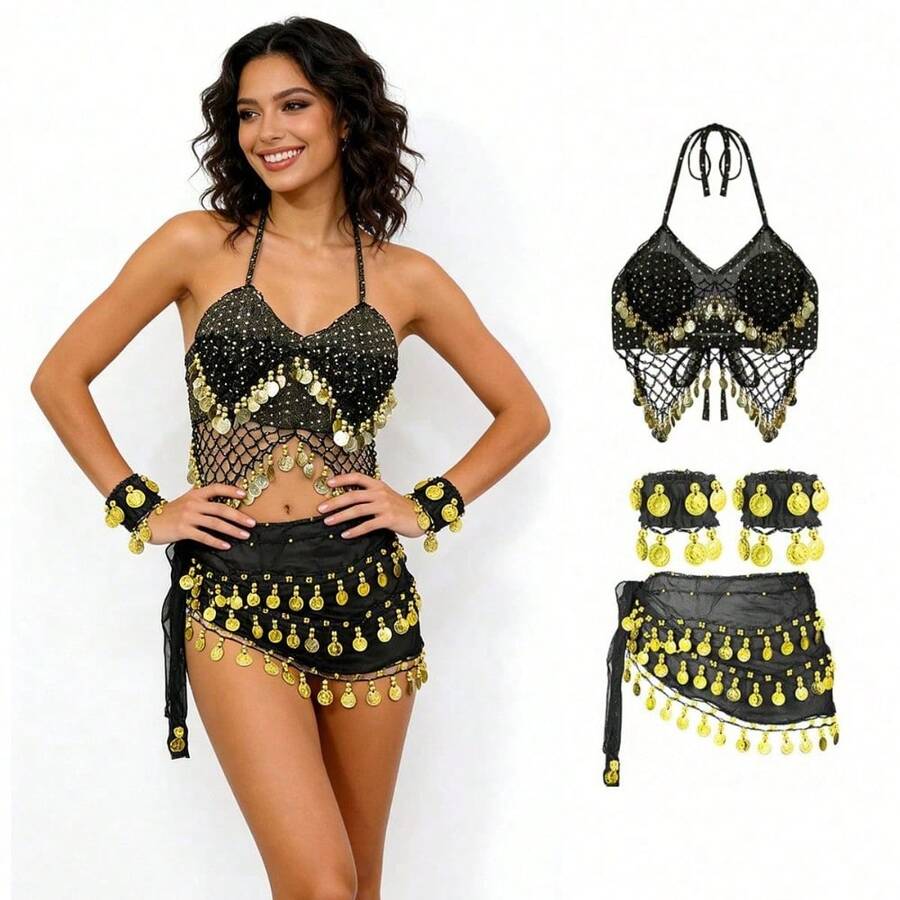 Fusion Festival Belly Dance Ornate Coin Sequin Bra With Hip Scarf And Arm Bands For Boho Travel Shooting And Themed Events - Multicolor - View 1