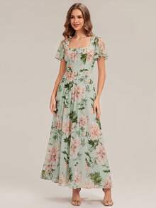 EVERPRETTY Elegant Chiffon Bridesmaid Dress Ruffle Sleeves Square Neck Flattering Dress Summer Fall Wedding Guest Dresses For Weeding Party,Beach Vacation - Green - View 5