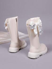 1 Pair Girls' Satin Bow Rhinestone High-Top Boots, PU Side Zipper, Cream White, All-Season, Thick Sole Long Boots - Beige - View 5