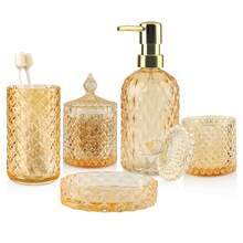 5-Piece Gold Glass Bathroom Accessories Set - Soap Dispenser, Toothbrush Holder, Tumbler, Soap Dish & Cotton Swab Jar, Modern Bathroom Decor, Back To School Dorm & Housewarming Gift - 金色 - 查看 11