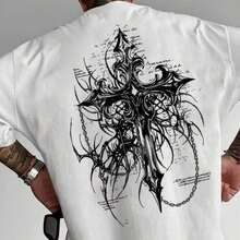 HAFIME Men's T-Shirt With "Gothic Cross" Print, Unisex Men's Shirt, 100% Cotton, Top Premium Streetwear, New Release, Gothic Style - 白色 - 查看 11