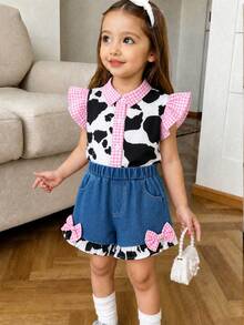 2pcs Girls Cute Pink Plaid Patchwork Denim Outfit Thin Summer - Pink - View 2