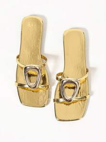 Women's Fashion PU Leather Cut-Out Pure Metal Slip-On Square Toe Beach Sandals, Spring/Summer New Plus Size Gold Flat Slides - Gold - View 7