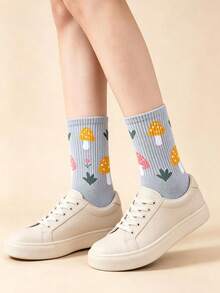 1/2/3/4/5/6 Pairs Women's Mushroom Print Mid-Calf Socks Suitable For Daily Wear - Multicolor - View 6