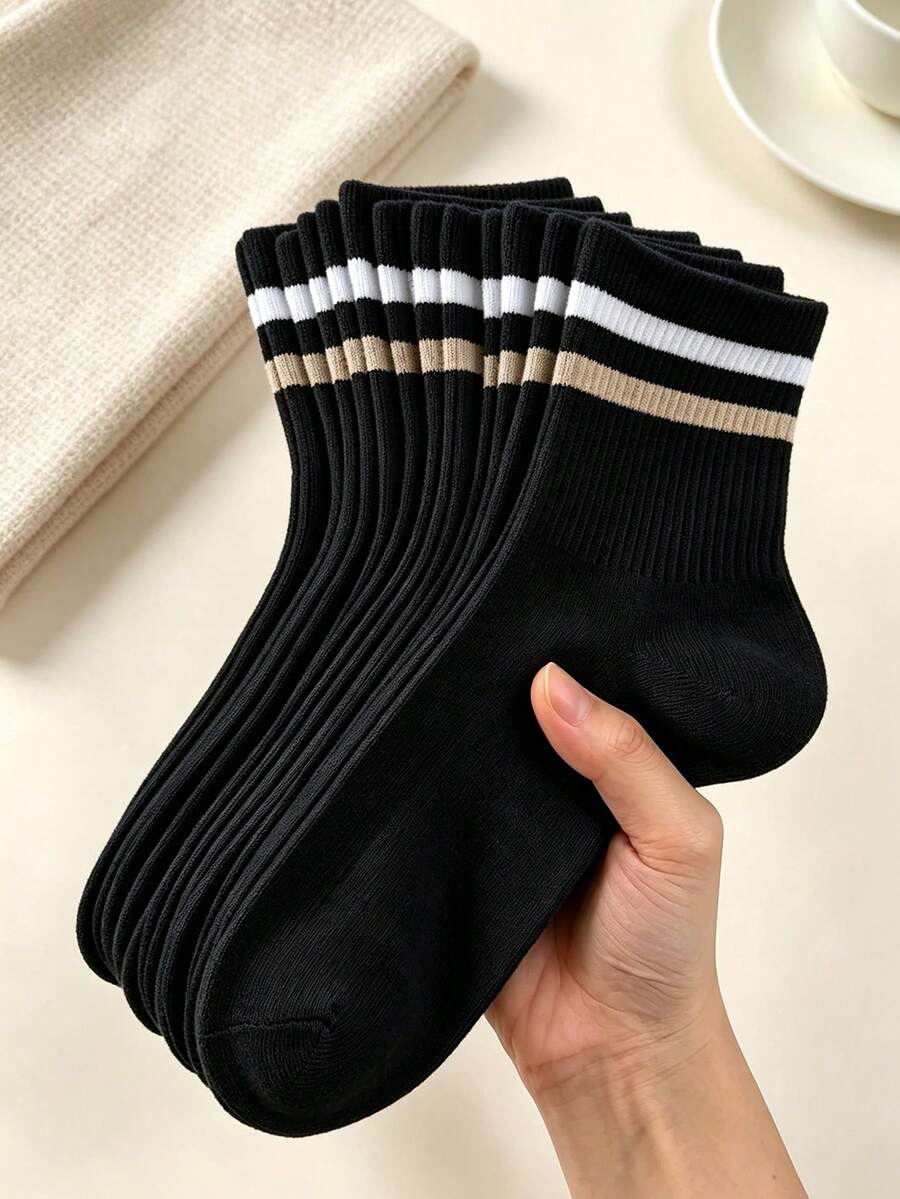 1/5/10雙英式條紋抽繩襪,韓式復古對比色中筒襪,鄉村風柔軟針織休閒女襪,四季皆宜 - 彩色 - 查看 1