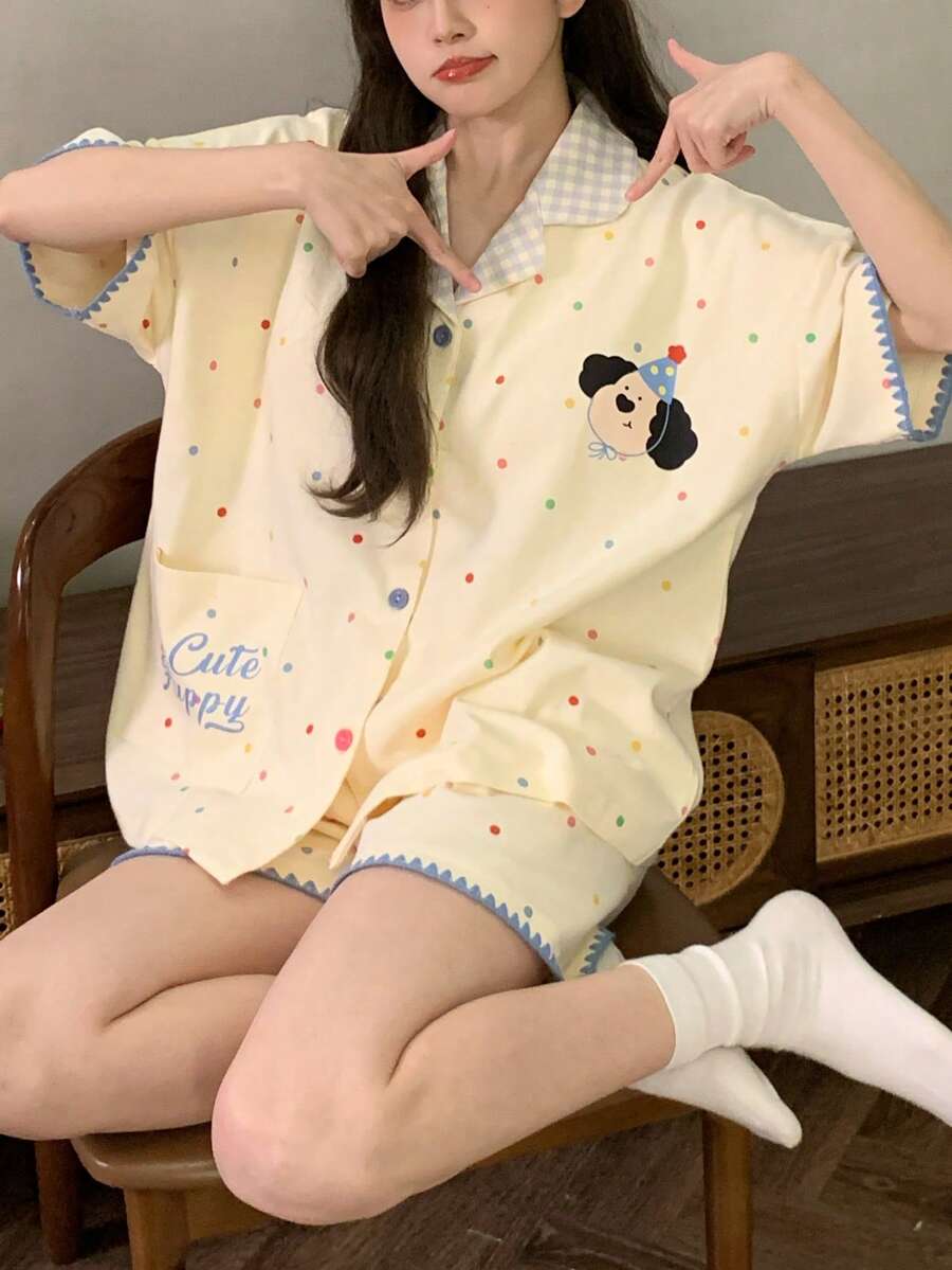 2pcs Women's Pajamas Loungewear Set, Lapel Short Sleeve Plaid Print Pocket Polka Dot Print Shorts, Suitable For Spring And Summer - Yellow - View 1