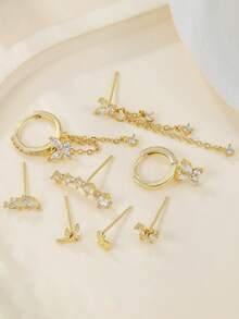 8pcs Elegant Earring Sets Earrings Stack Golden Silvery Butterfly Chain Tassel Zirconia Hoop Stud Stack Party Daily Wear Gifts - Earring Set - View 4