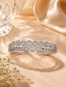 1pc Luxury Wedding Three-Row Exquisite Women's Wide Bracelet, Fashion Open Design Bride Gift Elegant Hand Accessory - Bracelet - View 3
