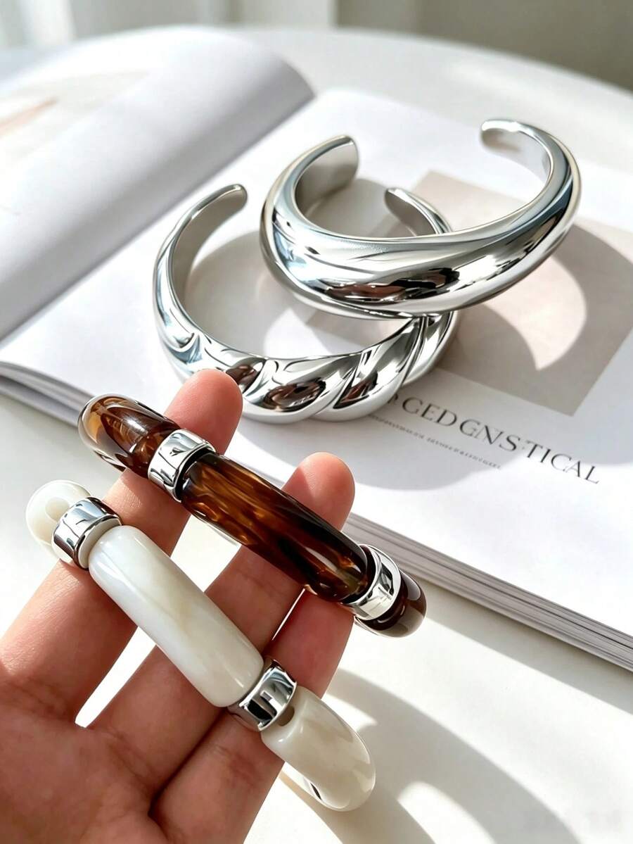 4Pcs Stackable Bangle Set, CCB Open Cuff & Acrylic Elastic Bracelets, Vintage Bohemian Wavy Round Bangles For Women Daily Party Vacation Jewelry Gift - Silver 5 - View 1