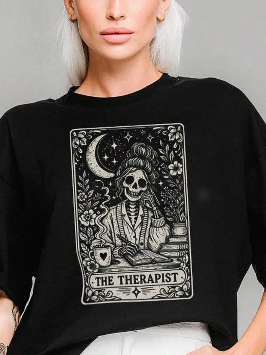 Eu Lager,Y2K Tops,Tarot Style Therapist Mystic Psychology Shirt As A Mental Health Gift 100% Organic Cotton-Unisex Women - Black - View 1
