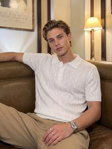 Men's Summer White Cable Knit Polo Shirt, Luxurious Airy Knit Fabric, Light & Breathable, Old Money Style For Gentleman Gatherings & Daily Casual - White - View 1