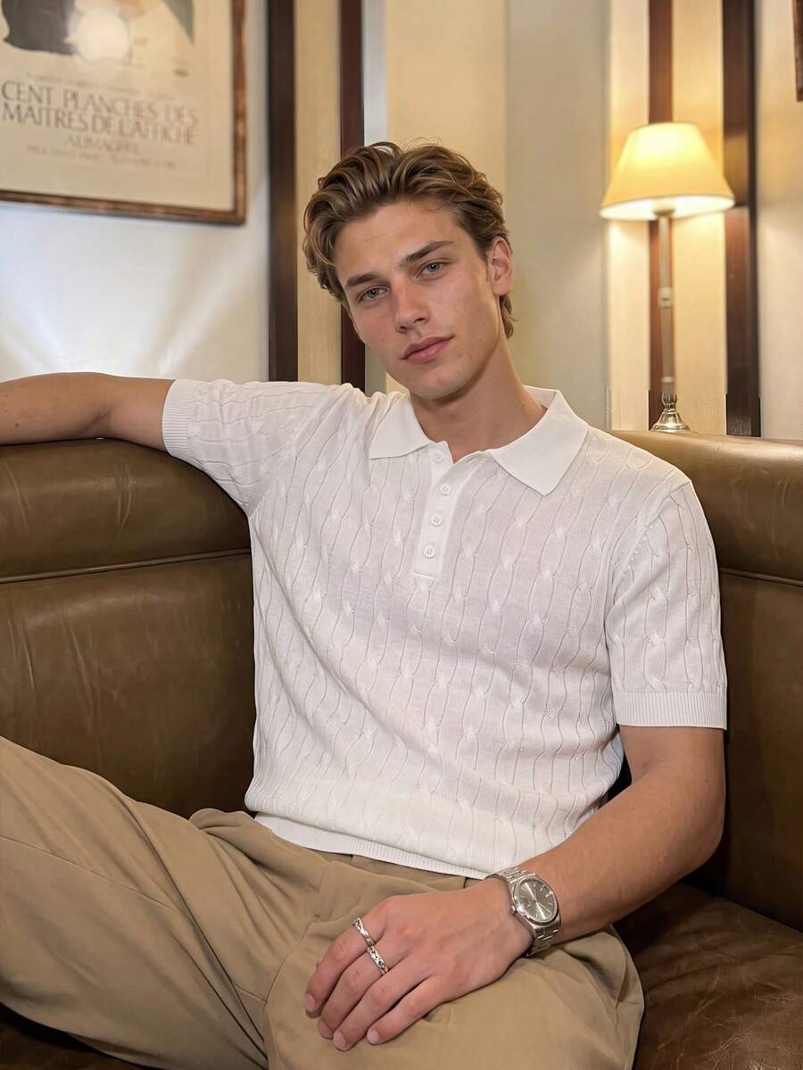 Men's Summer White Cable Knit Polo Shirt, Luxurious Airy Knit Fabric, Light & Breathable, Old Money Style For Gentleman Gatherings & Daily Casual - White - View 1