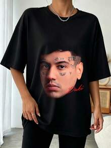 Duki  Single  Big  Face  Portrait  Red  Signature  Latin  Trap  Vintage  Graphic  Tee - 黑色 - 查看 1