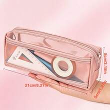 2/1 Cute Morandi Plaid Transparent Double Layer Pencil Case, Large Capacity Mesh Stationery Storage Bag With Handle And Zipper, Portable Travel Makeup Bag, Suitable For Adults, School, Office, Back To School Essential - Square - View 6