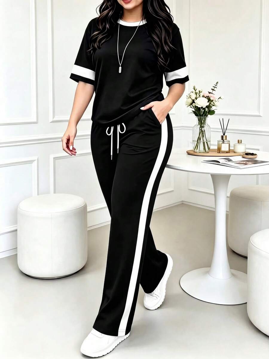 Plus Size Women's Casual Matching Contrast Color Round Neck Short Sleeve Top And High Waist Drawstring Straight Leg Pants 2 Pieces Set Elegant Summer - Black - View 1