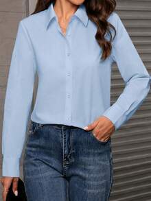 Women's Button-Down Shirt, Classic Fit, Professional Formal Wear, Work, Business, Casual, Long Sleeve Top Spring - Blue - View 3