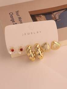 6/18PCS Fashionable Elegant Floral Geometric Ocean Series Multi-Element Gold Metallic Pearl Color Flower Earrings Set, Women's Fashion Earrings Set - Multicolor - View 8