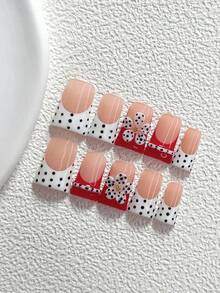 10片裝精緻風格手工穿戴甲 Polygel 假指甲套組，波點與手繪花卉設計，紅白色指甲油，優雅風格，附美甲工具，3種尺寸可選，杏仁形、鴨嘴形、棺材形，適合派對、舞蹈、日常配戴 - 彩色 - 查看 17