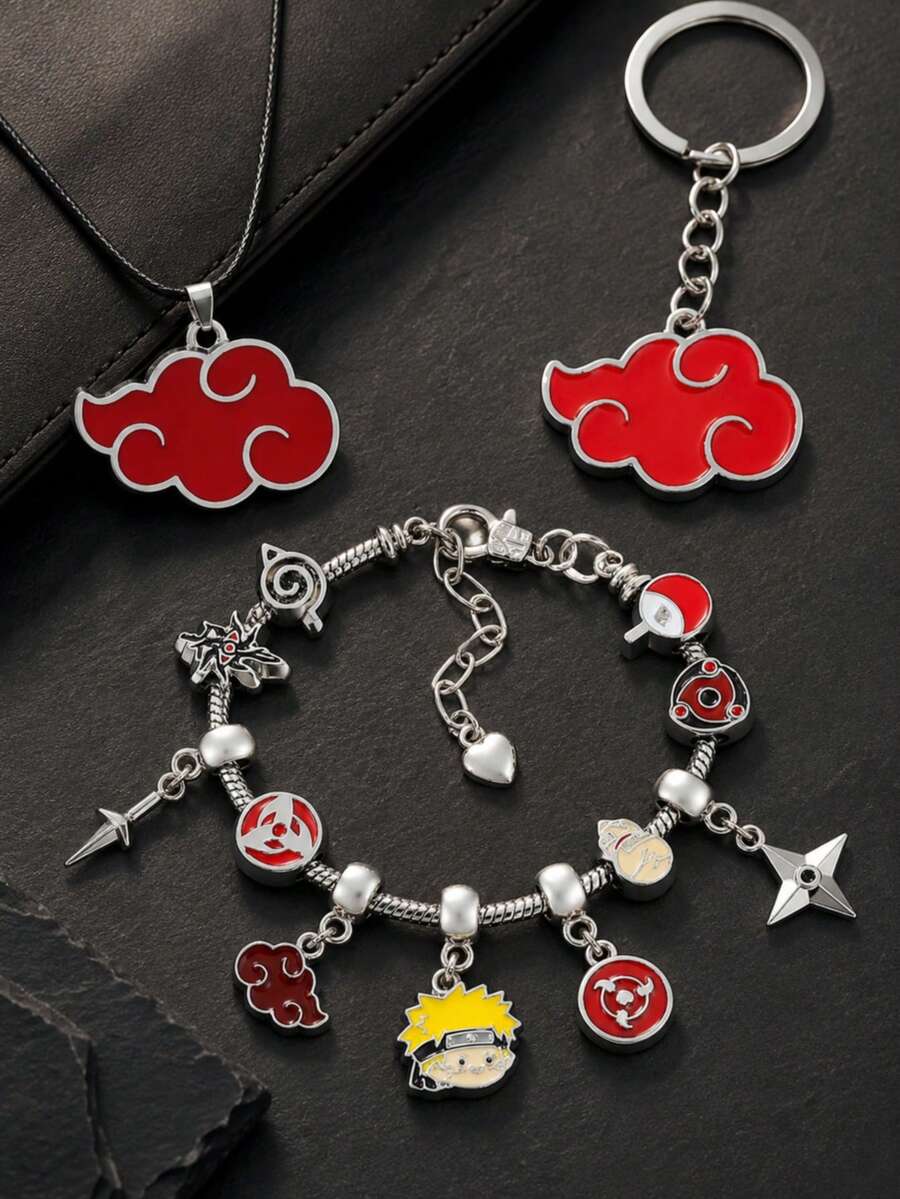 Anime Naruto Jewelry Set, Akatsuki Red Cloud Pendant Necklace Keychain, Sharingan Charms Beaded Bracelet, Cosplay Accessories Gift For Anime Fans - Multicolor - View 1