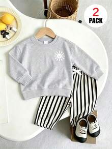 2pcs/Set Baby Boy Autumn/Winter Cartoon Sun Pattern Crew Neck Sweatshirt + Striped Pants Set, Loose Casual Style, Suitable For Daily Wear - Multicolor - View 3