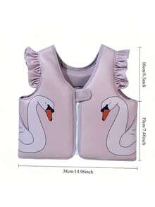 1pc Toddler Girls Cute Cartoon Swan Print Ruffle Trim Front Zipper Buoyancy Swim Vest, Children Swimming Training Floating Jacket Beach Pool Water Buoyancy Vest - Multicolor - View 5