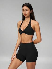 MFVIM Women's 2-Piece Yoga Set, V-Neck Halter Back/High Waist Butt-Lifting Shorts With Padded Cups - Premium Black - View 9