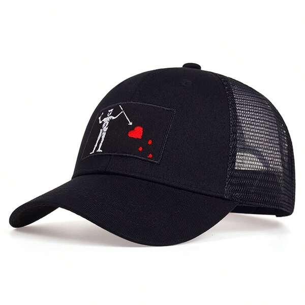 1 pieza Gorra de camionero con calavera & corazón para hombre, gorra de béisbol bordada, gorra de malla de moda callejera, gorra casual de protección solar para exteriores para primavera/otoño, viajes, vacaciones en la playa