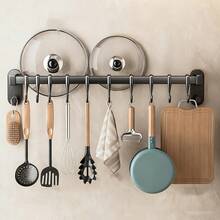 Wall-Mounted Kitchen Storage Rack With Hooks, No Drilling Adhesive Or Screws Required, Self-Adhesive Pot Rack For Tile Wall, Small Kitchen Pot Rack Organizer, Space-Saving Kitchen Wall-Mounted Pot Lid And Utensil Storage Rack, Suitable For Kitchen, Bathroom, Bedroom, For Hanging Wet Towels And Robes - Multicolor - View 4