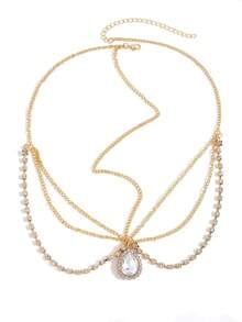 1pc Elegant Vintage Artificial Crystal Forehead Chain, Women's Gold Tassel Head Chain, Bohemian Style Jewelry Headpiece With Water Drop Rhinestone Design - Suitable For Bridal, Wedding, Party, Festival Wear - Gold - View 5