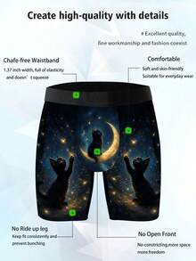 Men's Novelty Shorts, Forest-Style Moonlit Night Little Black Cat Printed Underwear, Knitted Fabric, Sporty Casual Men's Long Boxer Briefs - Multicolor - View 5