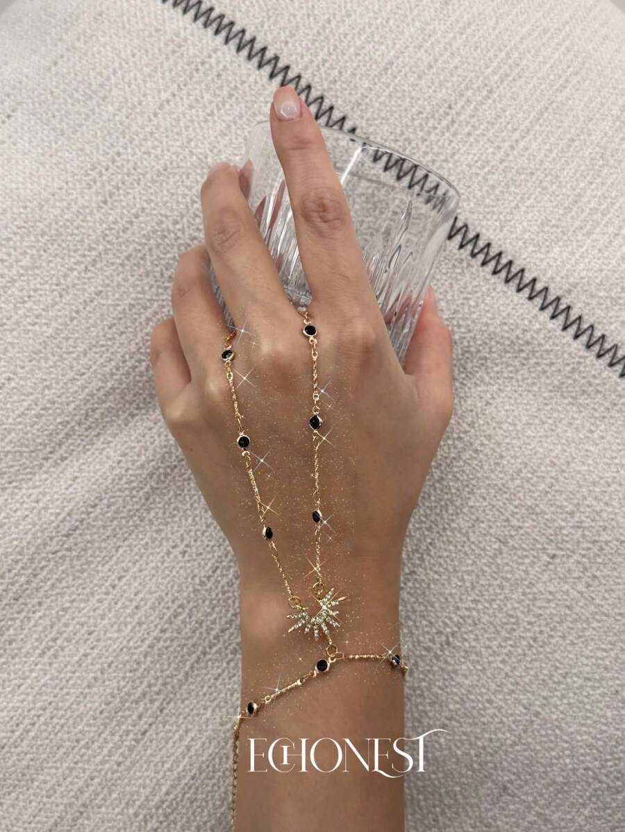 1pc Gold-Tone Stainless Steel Black Sweet Cool 8-Point Star Finger Bracelet - Yellow Gold - View 1