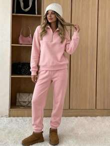 Women's Pink Knitted Zipper Collar Long Sleeve Drop Shoulder Top And Sweatpants Two-Piece Outfit, Casual & Cute Fall Winter Loungewear Set - 粉色 - 查看 3