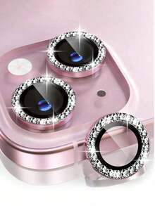 3pcs Camera Lens Protector Film, Compatible With IPhone 17/17 Pro/17 Pro Max/17 Air/16 Pro/16 Pro Max/15/14/13/12/11, Glossy Personalized Metal Rhinestone Ring, 9H Hardness Scratch-Resistant Protective Film, Fashion Phone Accessory, Compatible With Protective Case - Pink - View 1