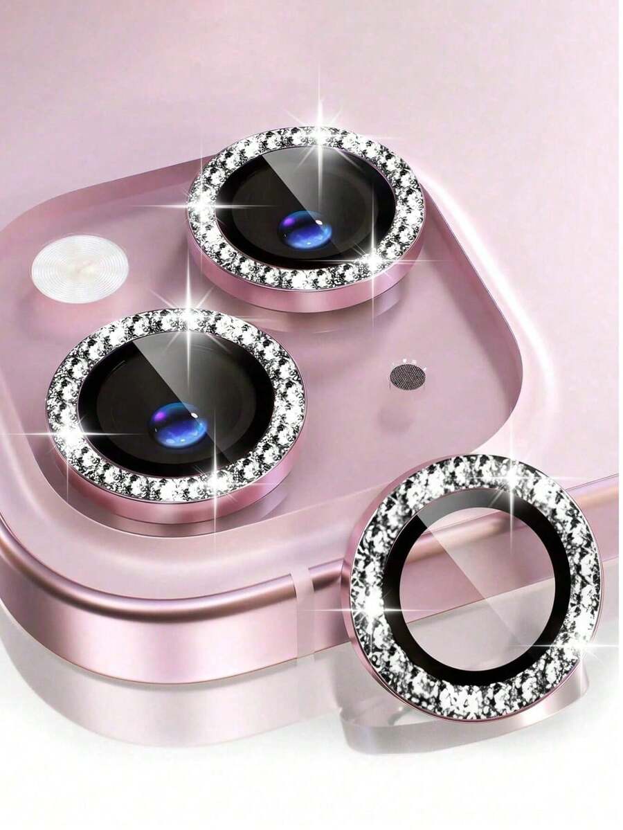 3pcs Camera Lens Protector Film, Compatible With IPhone 17/17 Pro/17 Pro Max/17 Air/16 Pro/16 Pro Max/15/14/13/12/11, Glossy Personalized Metal Rhinestone Ring, 9H Hardness Scratch-Resistant Protective Film, Fashion Phone Accessory, Compatible With Protective Case - Pink - View 1