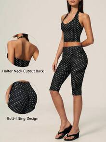 TimeOff Women's One Set Polka Dot Halter V-Neck Backless Tank Top & Bermuda Shorts Sports Set - Black - View 1