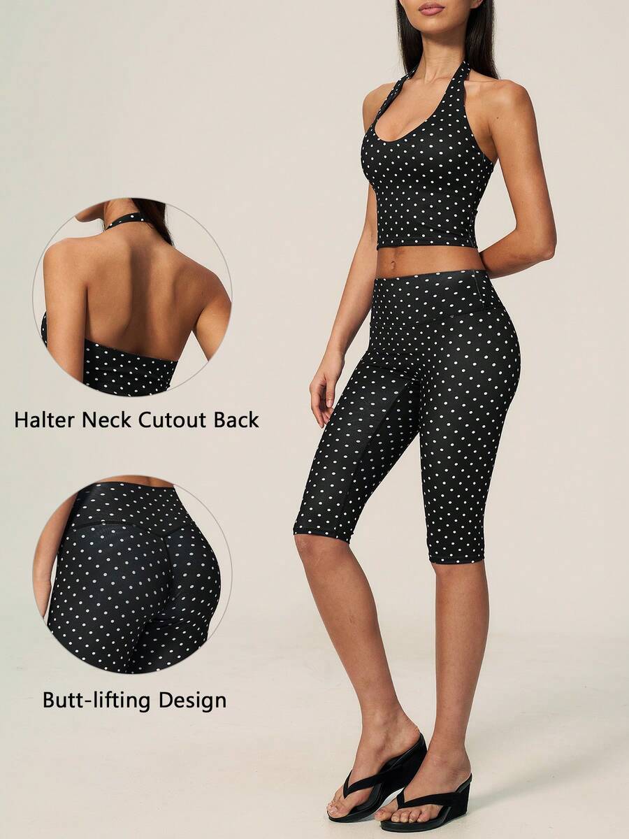TimeOff Women's One Set Polka Dot Halter V-Neck Backless Tank Top & Bermuda Shorts Sports Set - Black - View 1