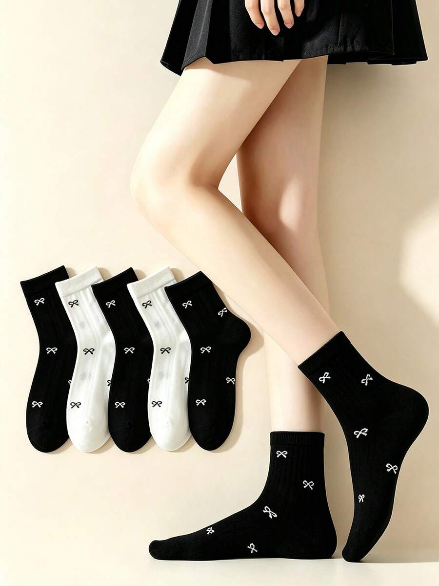 5 paires de chaussettes mi-mollet pour femmes, chaussettes douces et confortables pour étudiantes, style japonais mignon, convient pour le port quotidien - Noir et Blanc - Voir 1