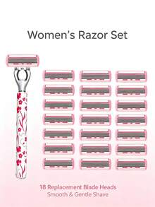 1 Gagang + 18 Mata Pisau Pengganti, Alat Cukur Manual Wanita, Motif Bunga Anti Selip, 6 Mata Pisau Baja Tahan Karat, Penghilang Bulu Tanpa Rasa Sakit untuk Kaki, Ketiak, Bikini, Tubuh, Alat Kecantikan untuk Perjalanan, Alat Cukur Tubuh Manual, Alat Cukur Wanita, Pemangkas Bikini - Model yang ditingkatkan - View 1