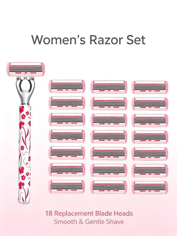 1 Handle+18Pcs Replaceable Blade Women Manual Safety Razor,Floral Print Non-Slip Shaver,6-Layer Stainless Steel Blades,Painless Hair Removal For Legs Underarms Bikini Body Shaving Travel Beauty Tool,Manual Body Razor, Women's Razor, Bikini Trimmer